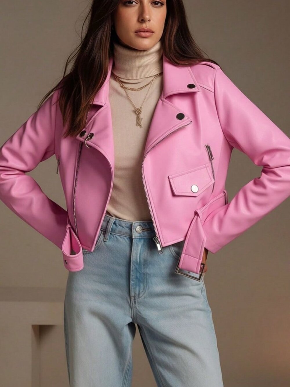 Baby Pink Casual Women's Faux Leather Biker Jacket - Picture 5 of 5